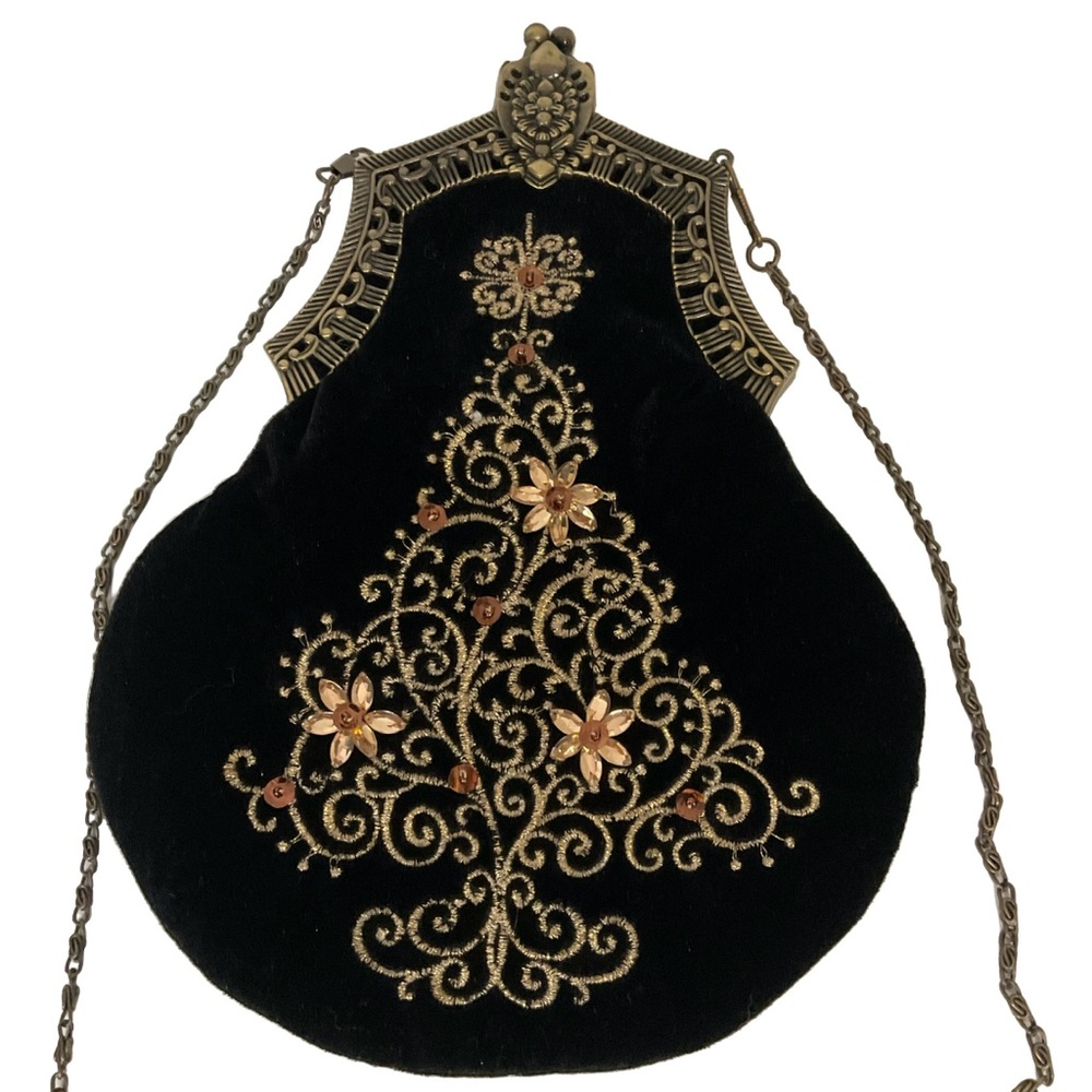 Vintage Black Velvet Gold Embroidered Christmas Tree Design Bag; Kiss Lock Chain